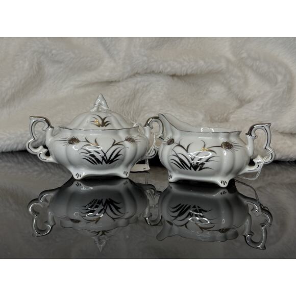 Lefton China Sugar And Creamer White And Silver Hand Painted 225 - Picture 1 of 14
